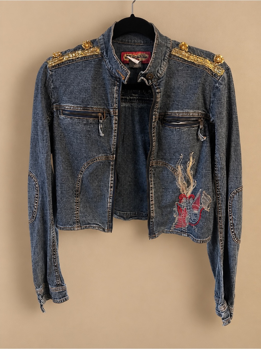 Boom Boom Jeans Blue Embroidered Denim Jacket with Gold Accents